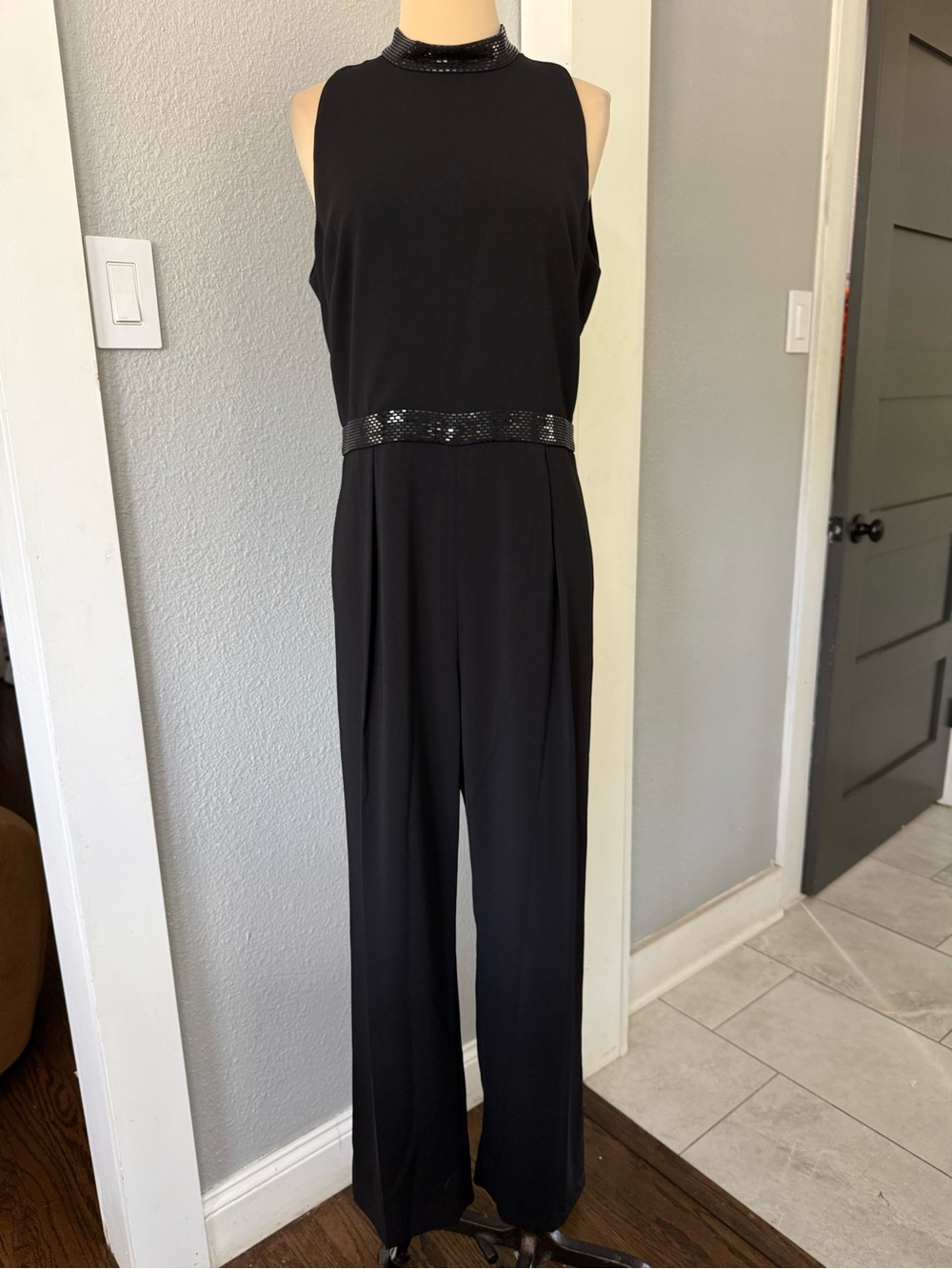 St. John Evening Sleeveless Jumpsuit with Embellished Neck and Waist Size 8